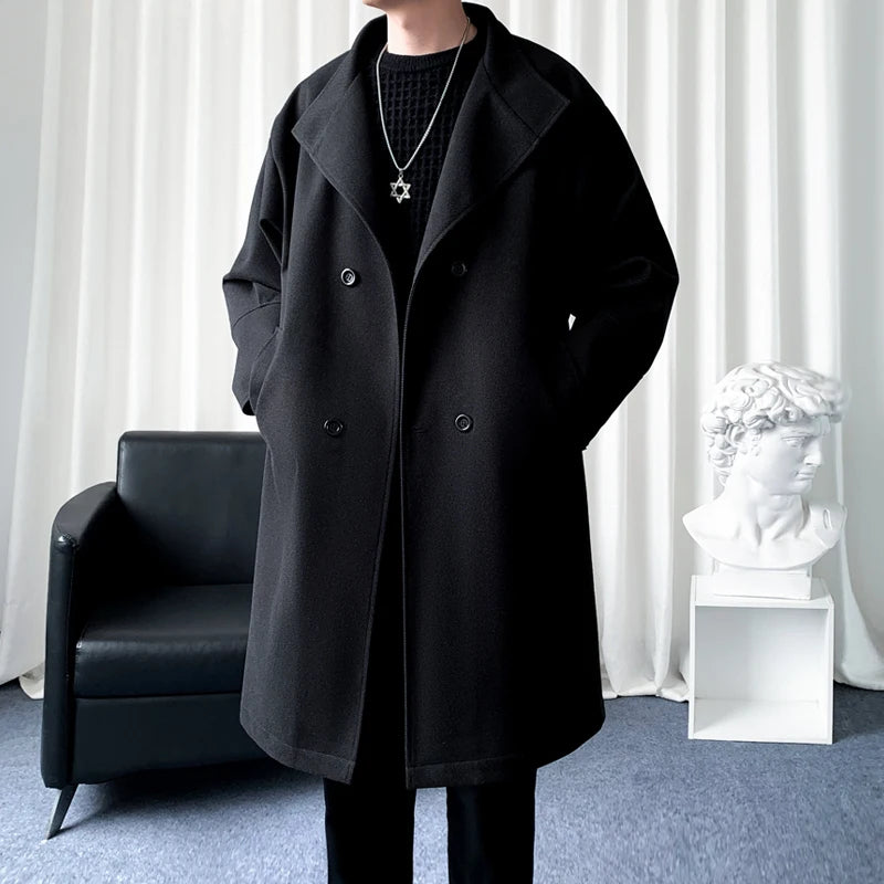 Korean Trend Men's Lapel coat Loose  Casual Double-breasted Overcoat Autumn Winter Fashion New Long Sleeve Woolen Coat.