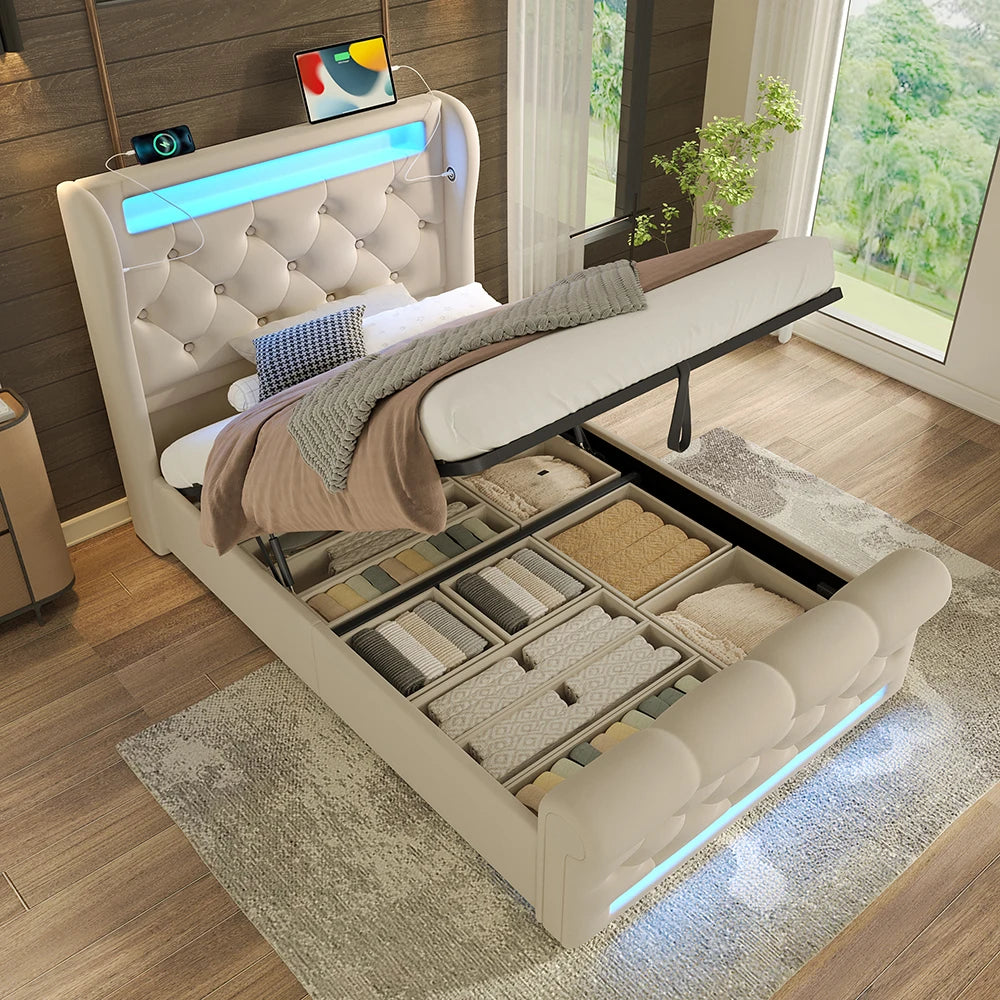 KOMHTOM Modernes Polsterbett Einzelbett 90x200cm mit LED-Leuchten, USB- und Typ-C-Anschlüssen, Hydraulisches Stauraumbett