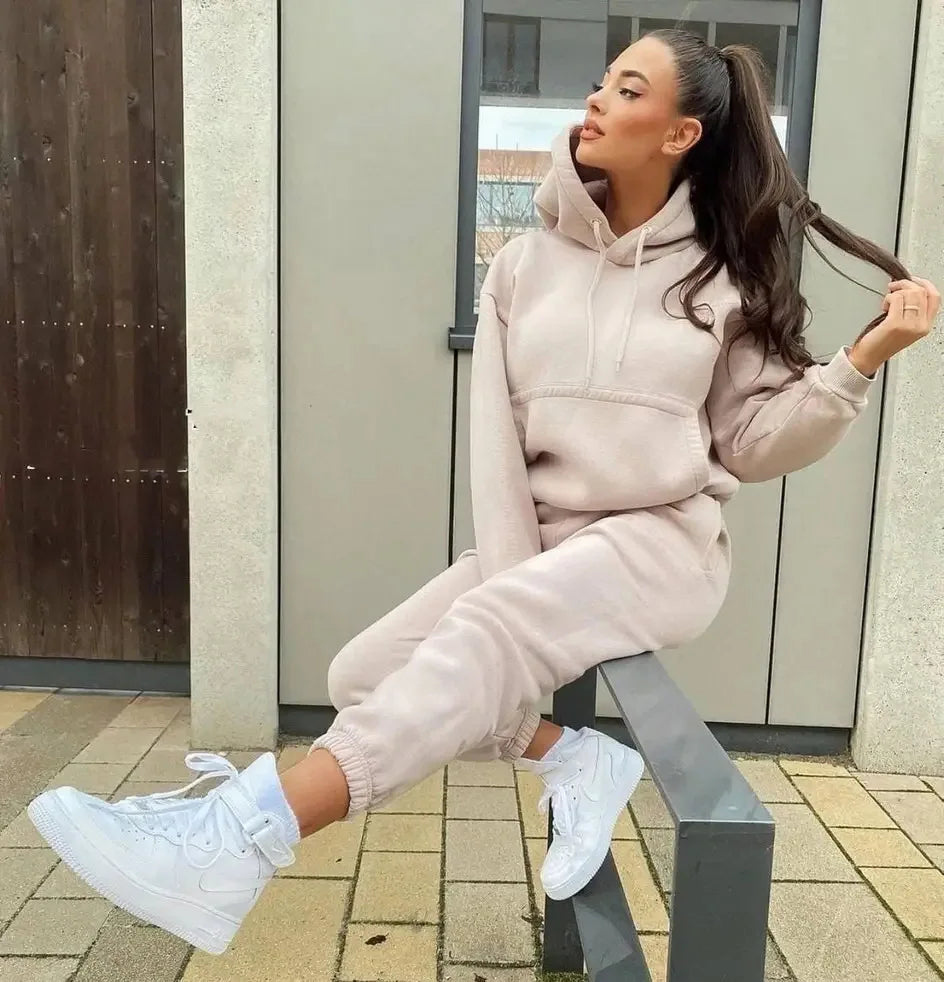 Women's Pocket Long-sleeved Hooded Sweatshirt Casual Set Autumn Winter New Solid Color Loose Sport Long Pants 2 Piece Set Female