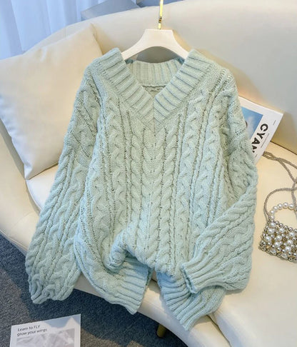 MEXZT Harajuku Pullover Frauen Mode Übergroßen Rosa V-ausschnitt Gestrickte Pullover Koreanische Langarm Strickwaren Winter Casual Jumper.