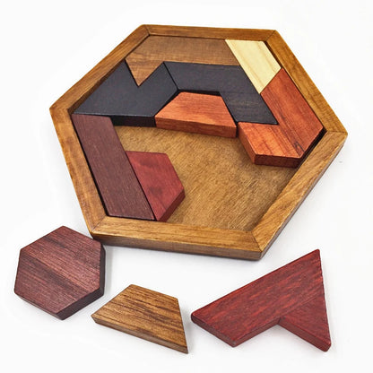 Classical Hexagon Tangram Puzzle Wooden Brain Teasers For Kids Logic Thinking Games Casse Tete Rompecabezas De Madera.