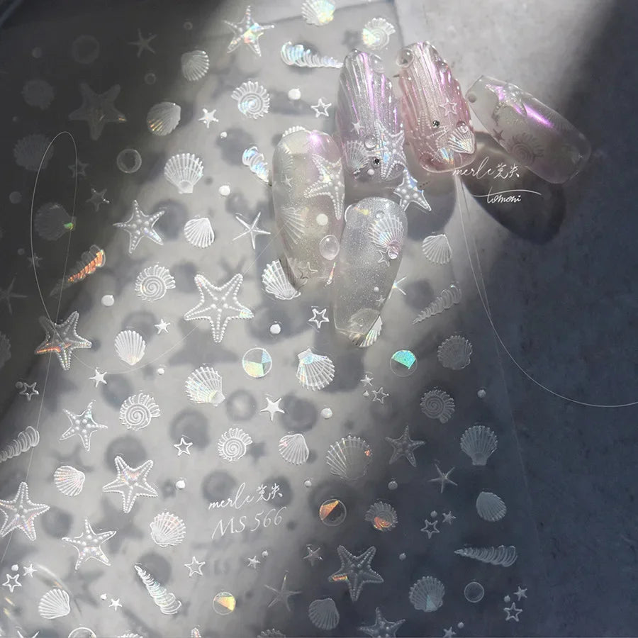 Ocean Theme 5D Nail Sticker Summer Beach Seashells Starfish Conch Scallop Shell Coral Self Adhesive Decoration Manicure Decal