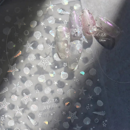 Ocean Theme 5D Nail Sticker Summer Beach Seashells Starfish Conch Scallop Shell Coral Self Adhesive Decoration Manicure Decal