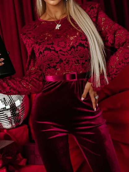 Spring Summer Wide Leg Pants Simple Bodysuits, Women Long Sleeve Lace Patchwork Jumpsuits, 2025 O Neck Backless Ladies Playsuits.