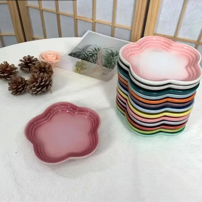 Plum French Home Ceramic Underglaze Colored Small Plum Blossom Plate Handmade Flower Shaped Side Dish Decorative Dessert Tray.