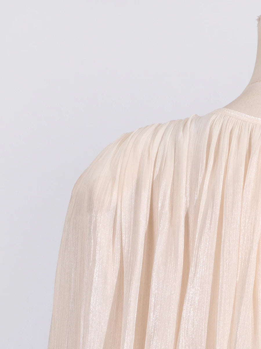 GALCAUR Solide Lose Splicd Lace Up Kleider Für Frauen V-ausschnitt Mit Langen Ärmeln Patchwork Rüschen Tunika Kleider Weibliche Mode Neue