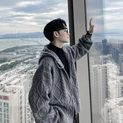 Men's Fashionable Simple Zip-Up Knit Cardigan with Hood - Korean Style Twisted Texture Warm Outerwear for Autumn & Winter.