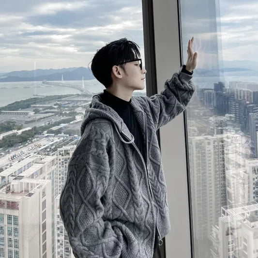 Men's Fashionable Simple Zip-Up Knit Cardigan with Hood - Korean Style Twisted Texture Warm Outerwear for Autumn & Winter.