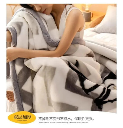 Modern Geometric Cartoon Printed Bedroom Blanket Coral Fleece Dormitory Quilt Thicking Double Layer Multi Purpose Bedding Sheets
