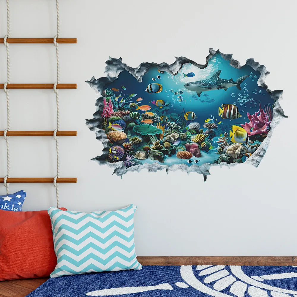 Sea View Mural Seabed Fish Shark 3D PVC Broken Wall Art Stickers Home Decoration for Room Ceiling Poster Floor Wallpaper.