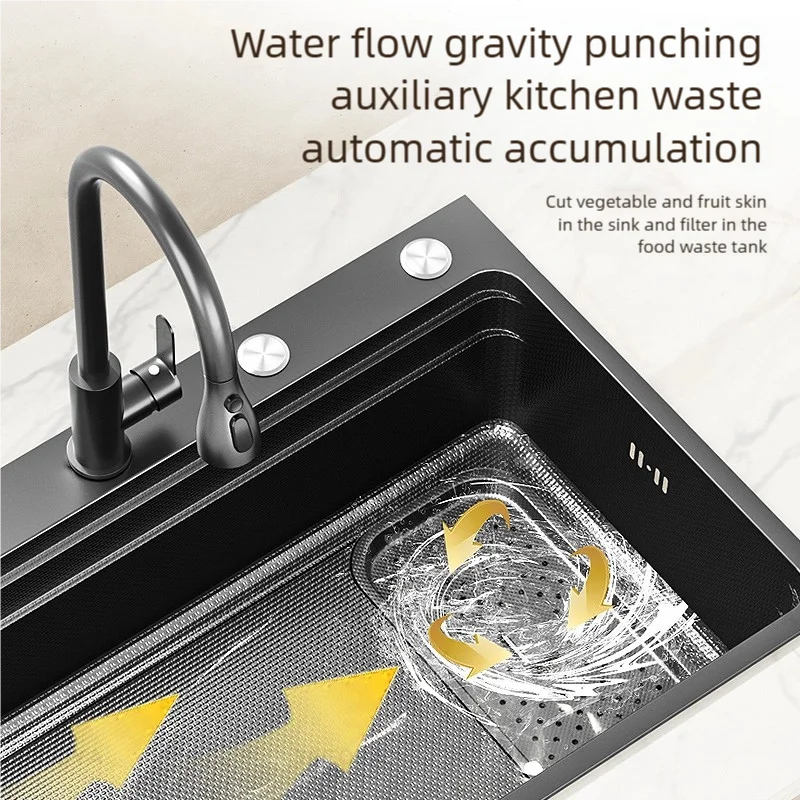 Black 304 Stainless Steel Kitchen Sink Household Multifunction Wash Dish and Vegetables Basin Large Single Slot Undermount Basin