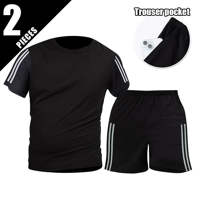 2pcs Summer Men's Quick drying Sports Suit Loose And Comfortable Round Neck Short Sleeved T-shirt Versatile Running Pocket Short