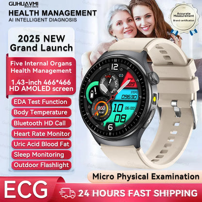 1.43'' HD Sapphire Smart Watch Bluetooth Call Blood Fat Uric Acid Heart Rate Body Analysis Five Organs Health Smartwatch Men Wom