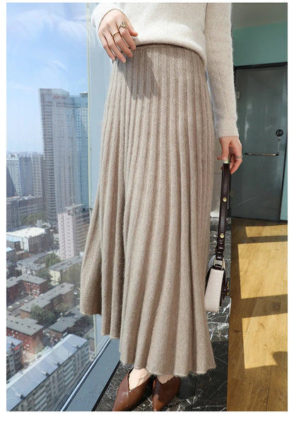 mink cashmere skirt Fashion long dress women A-line skirt autumn winter loose pleated skirt elegant high-waisted skirt ladies.