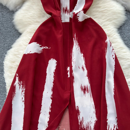 Neue Sommer Druck Süße Kleid Träger O Neck Backless Split Elegante Damen Urlaub Strand Party Midi Sommerkleid