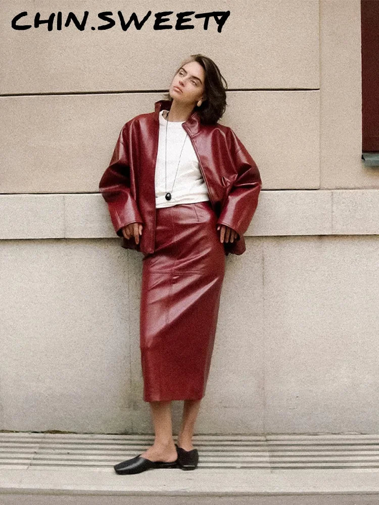 Stylish Leather Solid Jacket Pants Set Women Stand Collar Zipper Coat Loose Trousers Sets Female 2025 Autumn Fashion Streetwears.