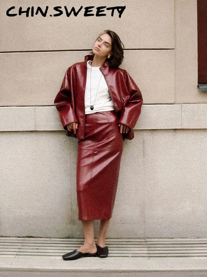 Stylish Leather Solid Jacket Pants Set Women Stand Collar Zipper Coat Loose Trousers Sets Female 2025 Autumn Fashion Streetwears.