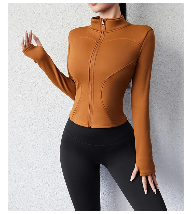 Damen Winter-Fleece-Yoga-Jacke mit durchgehendem Reißverschluss, langen Ärmeln, Workout, Activewear, Sport-Fleece-Yoga-Jacke mit Daumenloch.