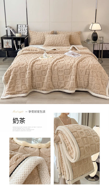 Heart Pattern Coral Fleece Blanket Autumn Winter Double Layer Thicken Warm Plush Blanket for Bed Fluffy Soft Sofa Throw Blankets