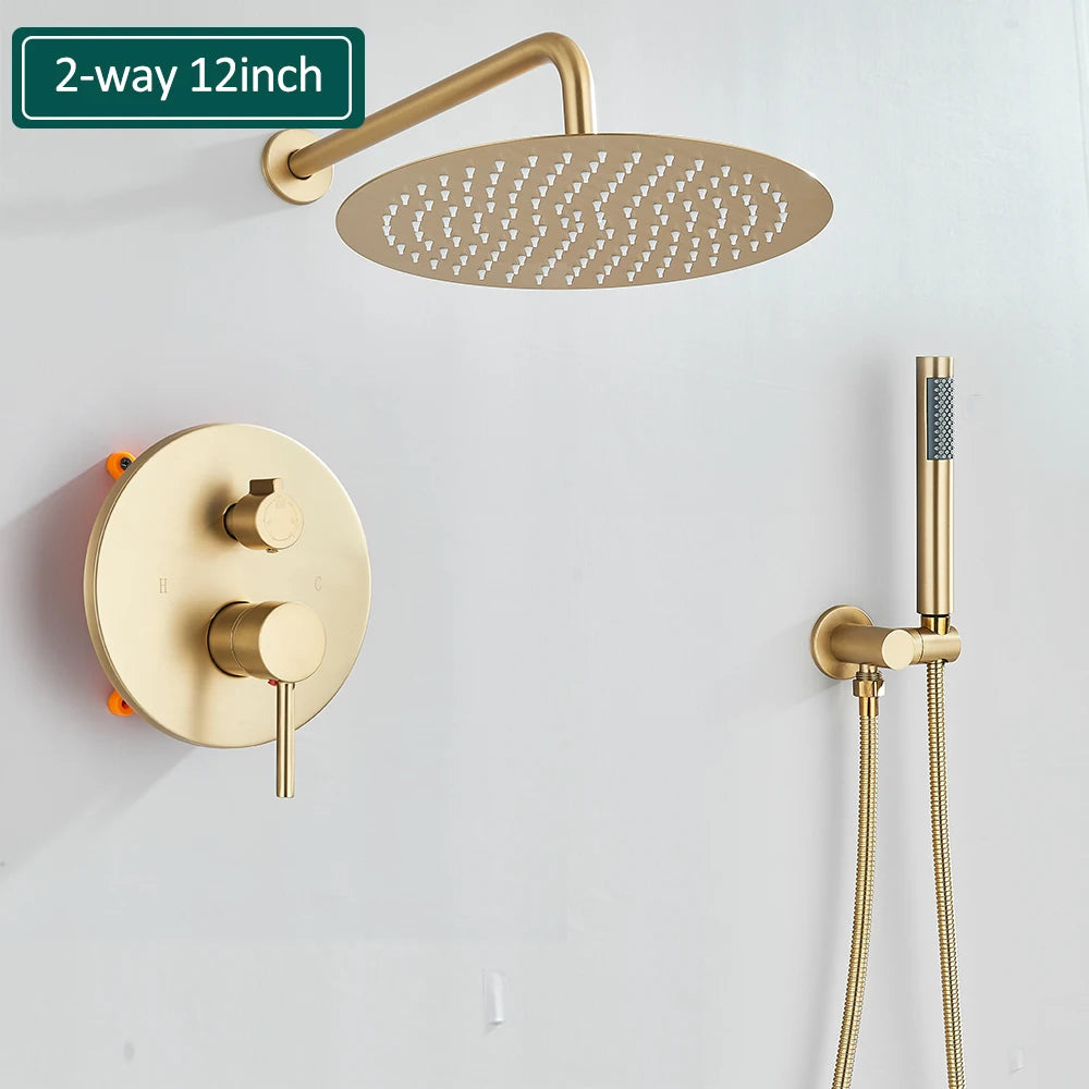 Brushed Gold Shower Faucets Set Rainfall Shower System Concealed Hot Cold Water Mixer Tap Bathroom Round Shower Faucet