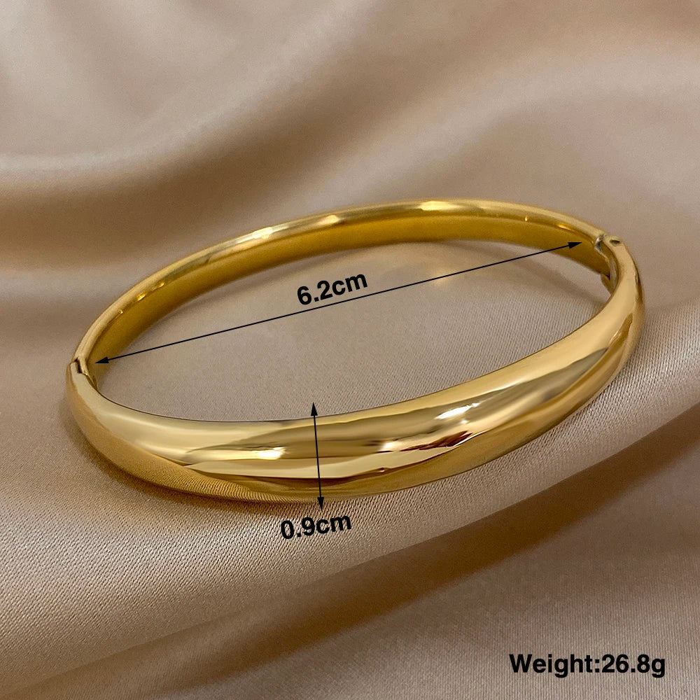 Minimalist Smooth Chunky Cuff Bangles for Women Stainless Steel Gold Silver Color Round Circle Bracelets Waterproof Jewelry.