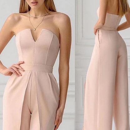 Women Elegant Slash Collar Straight Romper Sexy Off Shoulder Suit One Piece 2023 Fashion Lady High Waist Bow Solid Jumpsuits.