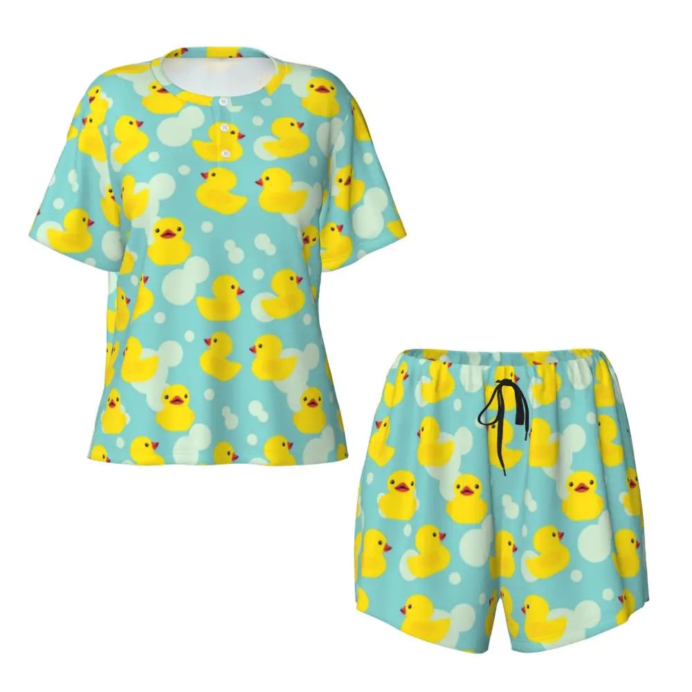 Benutzerdefinierte Frauen Gelb Klassische Gummi Ente Pyjamas Set Gedruckt Zwei-stück Pj Sets Kurzarm Nachtwäsche Loungewear.