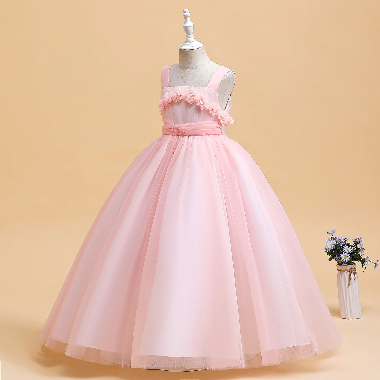 Mädchen Partykleider Weiß Langes Hochzeit Brautjungfer Prinzessin Kleid Abend Tüllkleid Abschlussball Klavier Performance Kleid.