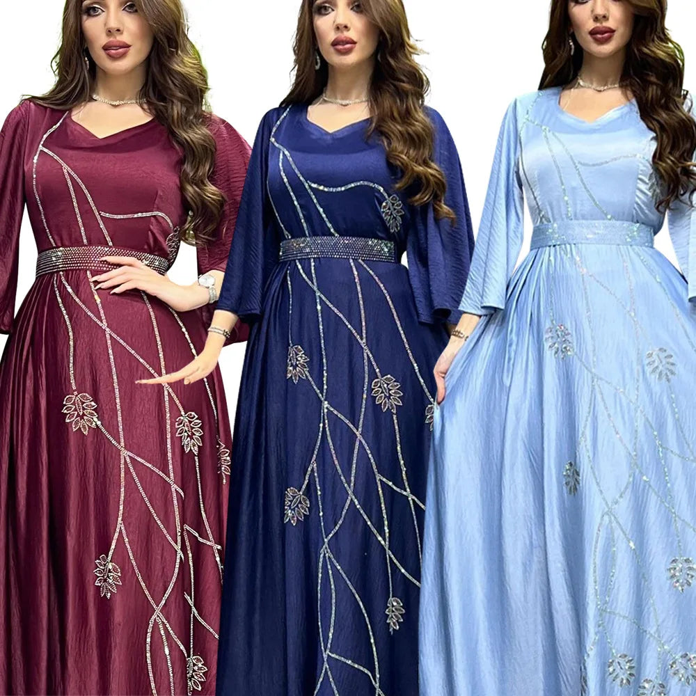 Türkei Muslimischen Kleid Frauen Abaya Diamant Spitze-up Party Kleider Marokkanischen Kaftan Ensemble Femme Musulmane Hijab Vestidos.
