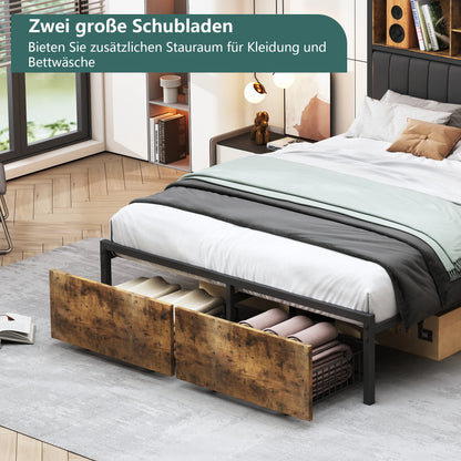 Lazyspace Bettgestell mit Schubladen 140 x 200 cm, gepolstertes Bett mit Lattenrost, Doppelbett mit LED-Kopfteil, Lattenrost aus Metall