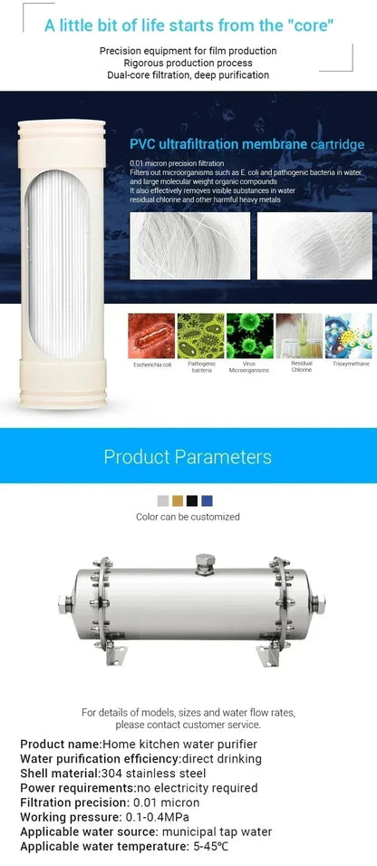 DIVEDEER 304 Stainless Steel Water Purifier PVDF Ultra Filtration Water Purifier Commercial Home Kitchen Direct Drinking Filter.