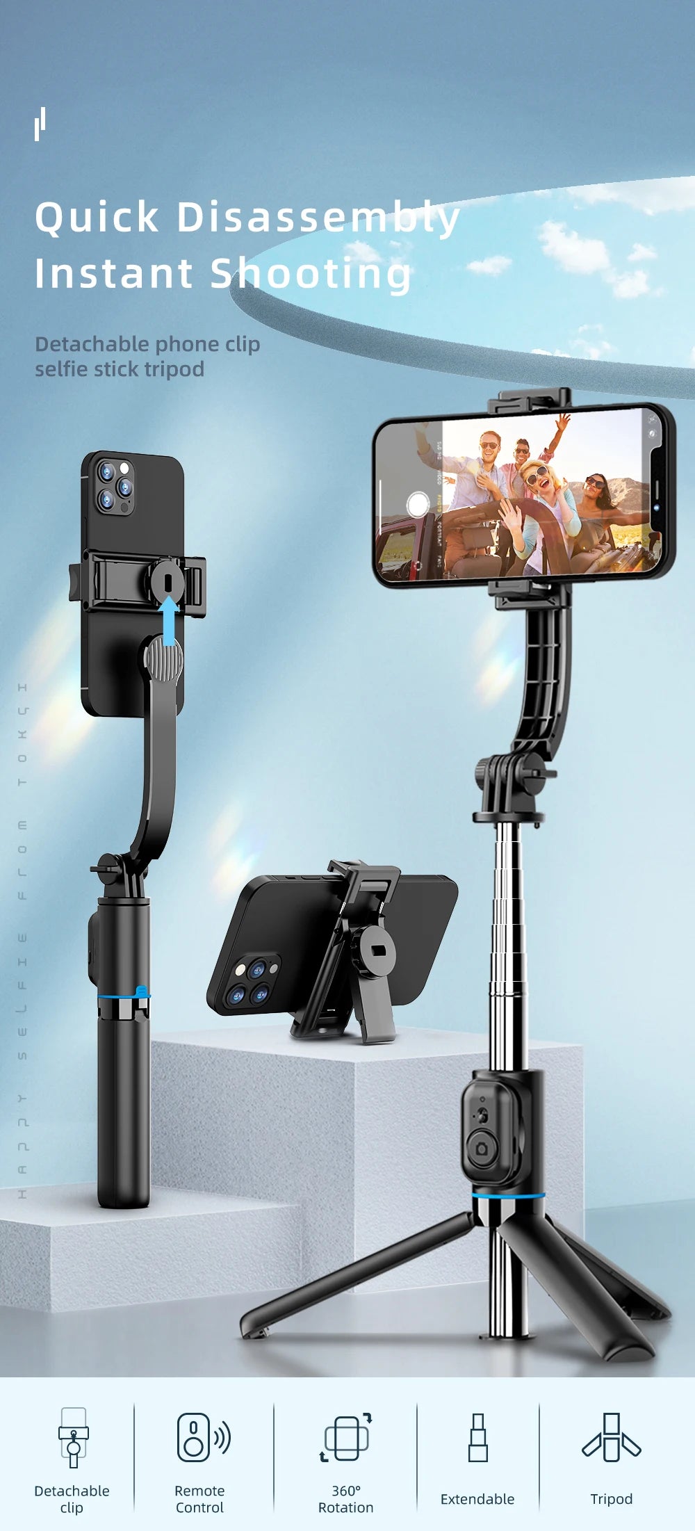 C01 Detachable Phone Clip BluetoothRemote Control Selfie Stick Tripod Portable Tripie Stabilizer Stand for Cell Phone.