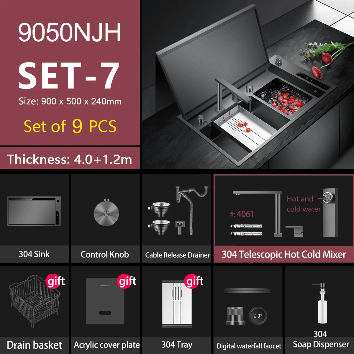 ASRAS Kitchen Sink Stainless Steel Nano Grey Kitchen Sink with Built-in Food Purifier, Hidden Cover & Adjustable Lift Faucet