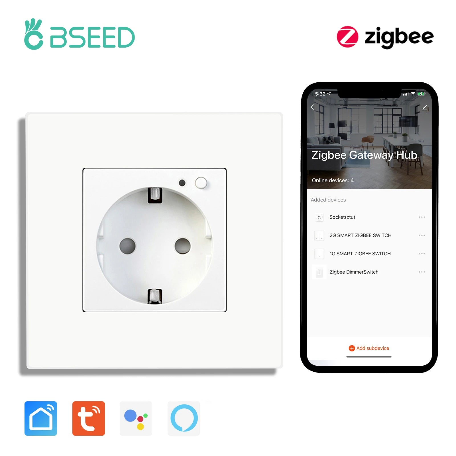 BSEED Einzelne ZigBee-Wandsteckdosen, Energiemonitor, doppelte Smart Meter-Steckdosen, Google Smart Life App, Alexa, Dreifachsteckdosen, EU-Kunststoff.