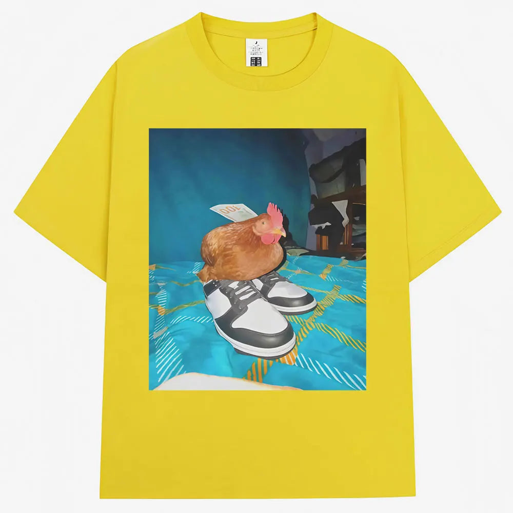 Funny Dripped Out Chicken Meme Print T-shirts Humor Chicken with Shoes Men Women T Shirt Creativity Popular Loose Cotton T-shirt