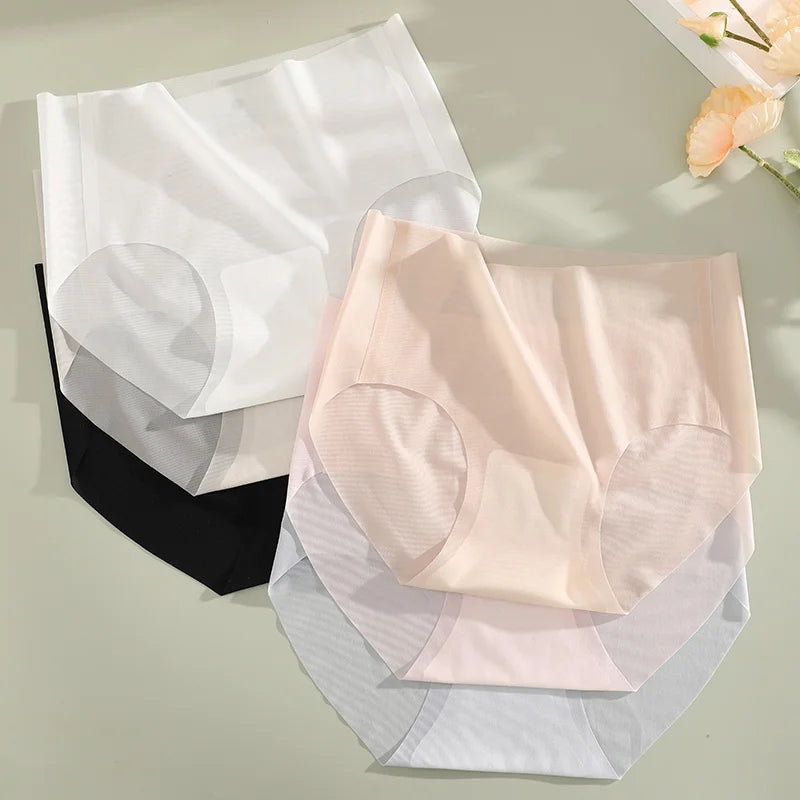 4PCS/Set Women's Ice Silk Seamless Panties Ultra Thin Briefs Breathable Underwear Female High Waist Intimates Lingerie Plus Size.