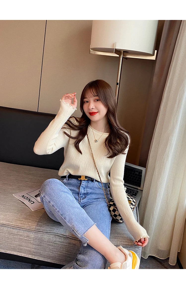 2025Oansatz Rippen Langarm Koreanische Dünne Weibliche Pullover Frauen Pullover Stricken Weiche Jumper Tops Geraffte Herbst Winter Tops.