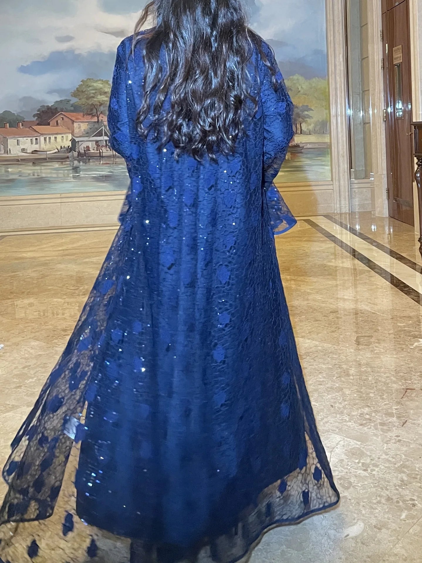 Muslim Women Abaya Dress 2 Piece Set Flare Sleeve Lace Sequin Satin Morocco Caftan Dress Musulman Ensembles Cadigan Outfit Suits.