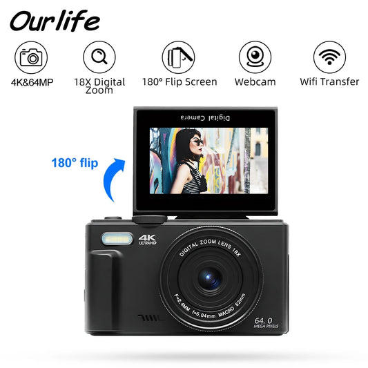 Compact Digital Photography Camera 4K 18X Digital Zoom Vintage Vlog Video Recorder YouTube 180° Flip Screen Selfile WiFi Web Cam.
