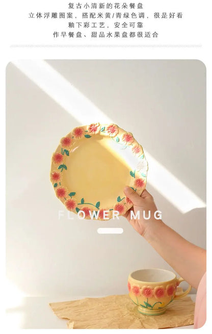 Flower Plate Embossed Small Flower Breakfast Dessert Plate Household Ceramic Plate Under Glaze Colored Hand-painted Tableware.