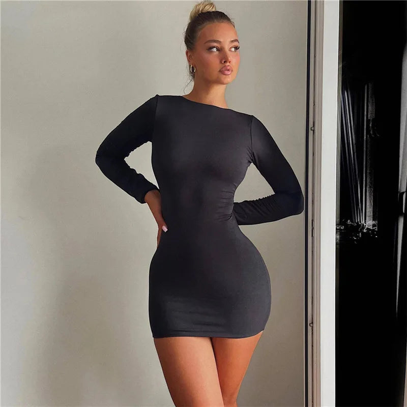 Zahlung Casual Mini Kleid Frauen Prägnante Klassische Backless Volle Hülse O-ansatz Grundlegende Weibliche Bodycon Straße Kleidung.