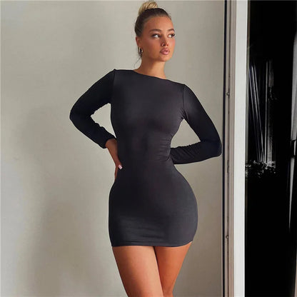 Zahlung Casual Mini Kleid Frauen Prägnante Klassische Backless Volle Hülse O-ansatz Grundlegende Weibliche Bodycon Straße Kleidung.