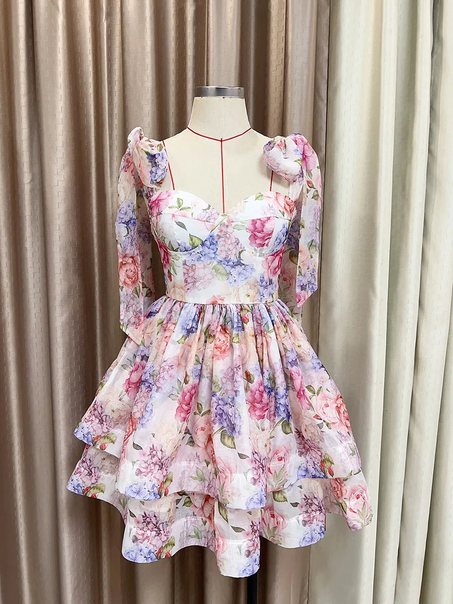 TWOTWINSTYLE Abnehmen Druck Verstärktes Spitze Up Elegante Kleider für Frauen Square Neck Ärmellose Patchwork Rüschen Kleid Weibliche.