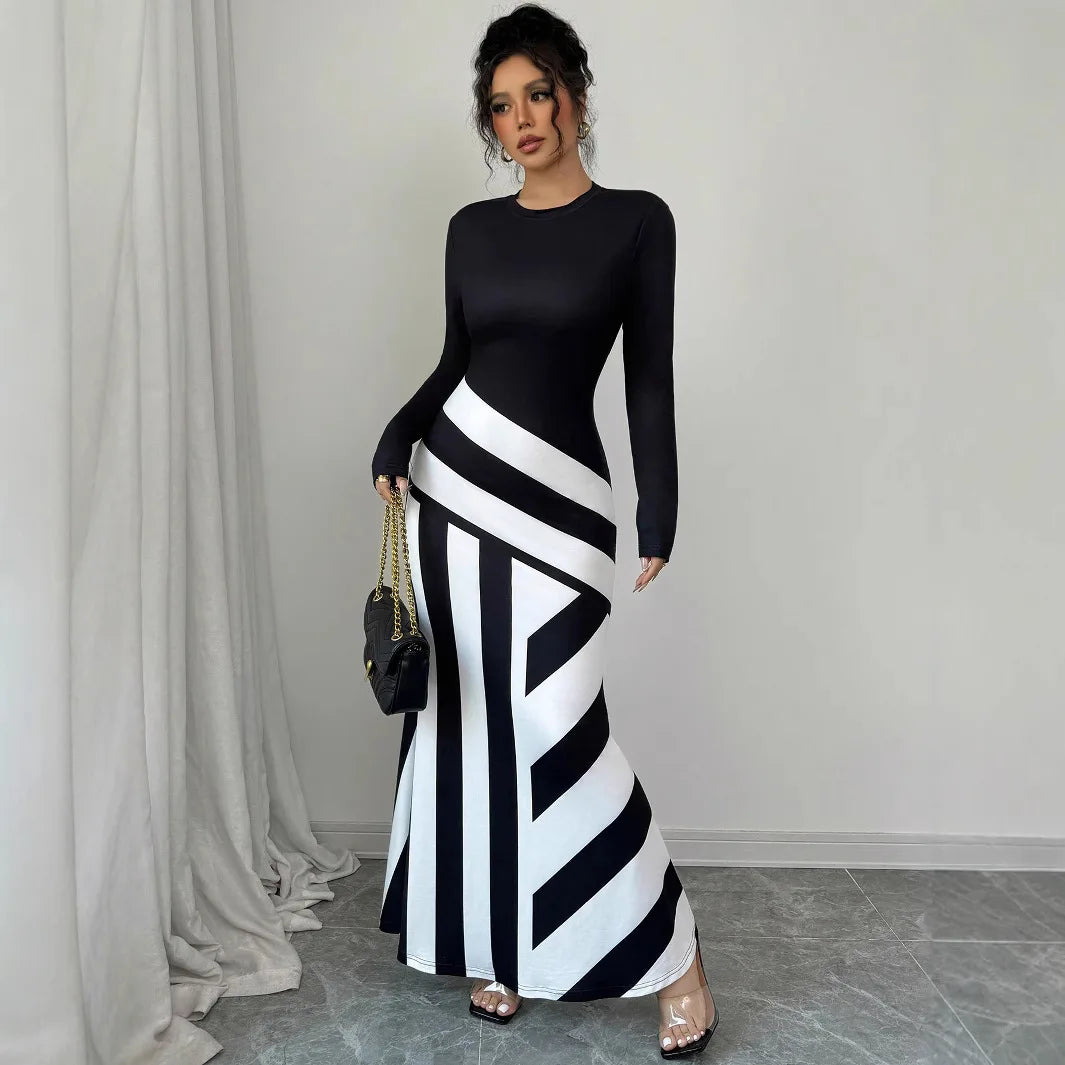 Sexy frauen Maxi Kleider Neue Herbst Streetwear Fashion Schwarz Weiß Patchwork Beiläufige Dünnes Kleid Elegante Gestrickte Kleider Kleidung.