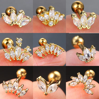 1pc Tragus Piercing Ear Stud Earring For Women Girls Cubic Zirconia Crown Small Helix Pierced Gold Color Ear Accessories Gifts.
