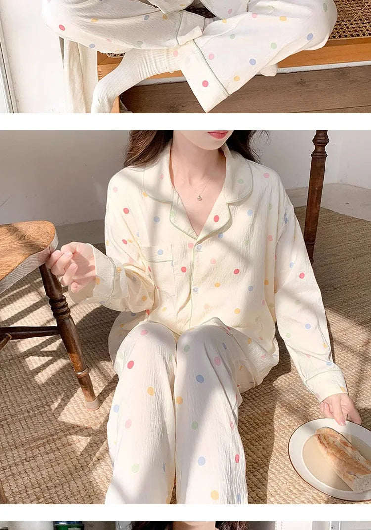 Koreanische Farbige Wavelet Dot Nachtwäsche frauen Herbst Lange Ärmeln Set Kleine Frische Hause Kleidung Lose Internationale Student Pyjama.