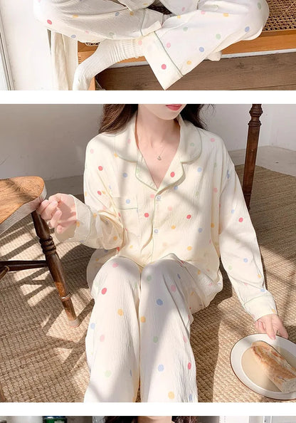 Koreanische Farbige Wavelet Dot Nachtwäsche frauen Herbst Lange Ärmeln Set Kleine Frische Hause Kleidung Lose Internationale Student Pyjama.