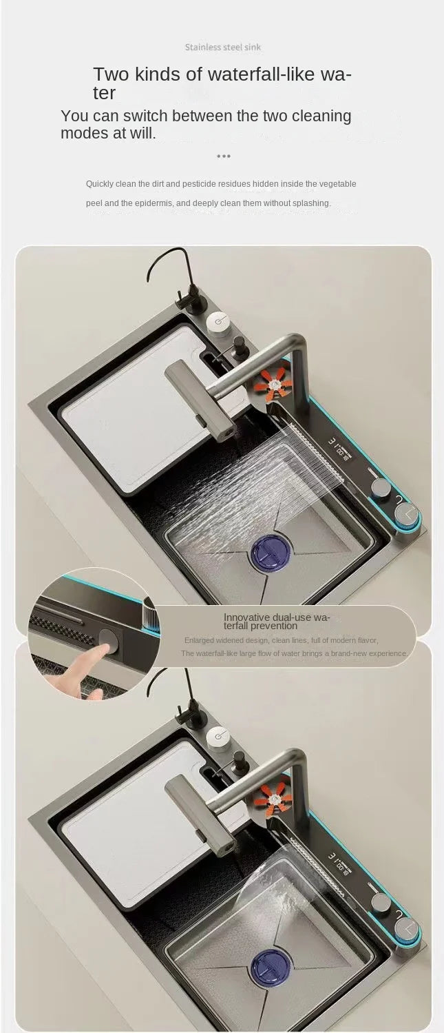 Digitalanzeige, Wasserfall, Einzelschlitz, Nano-Spüle aus Edelstahl 304, Geschirrspülen, Küche, multifunktionales Gemüsewaschbecken
