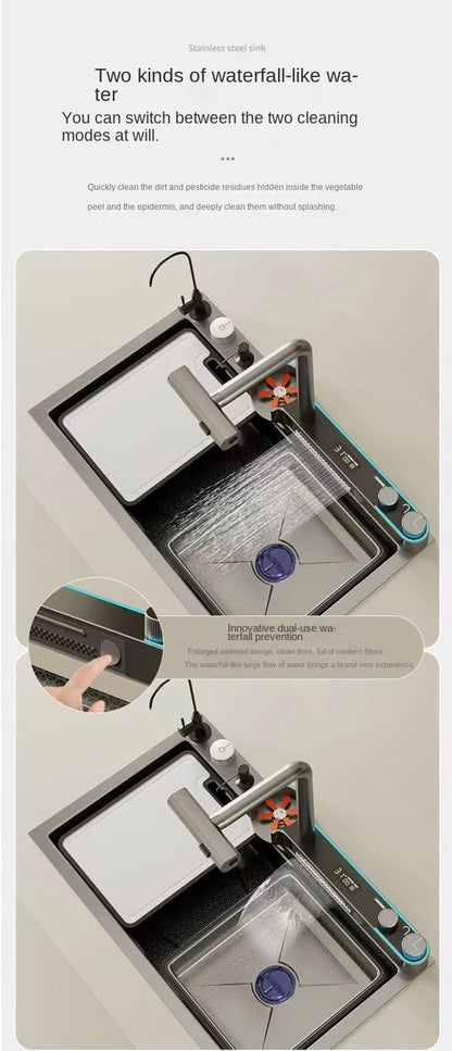 Digitalanzeige, Wasserfall, Einzelschlitz, Nano-Spüle aus Edelstahl 304, Geschirrspülen, Küche, multifunktionales Gemüsewaschbecken
