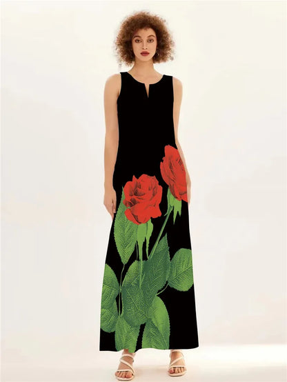 Rote Rose Druck Langes Kleid Für Frauen Sommer Casual Strand Party Robe Sexy Ärmellose V-ausschnitt Taschen Maxi Kleid Damen Kleidung.